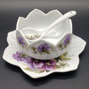 Inspiration Earthenware Purple White Pansies 3pc Condiment Set